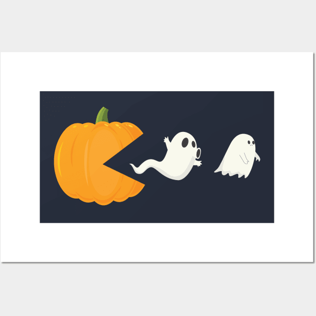 Pumpkin Eating Running Ghosts Wall Art by kevenwal